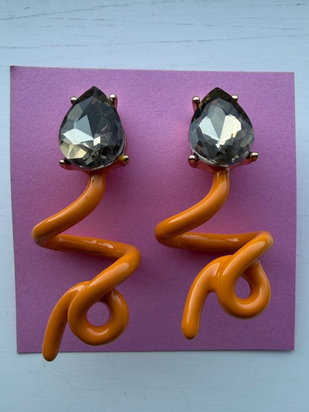 Orange Enamel Spiral Squiggle Drop Earrings with Champagne Teardrop Stone